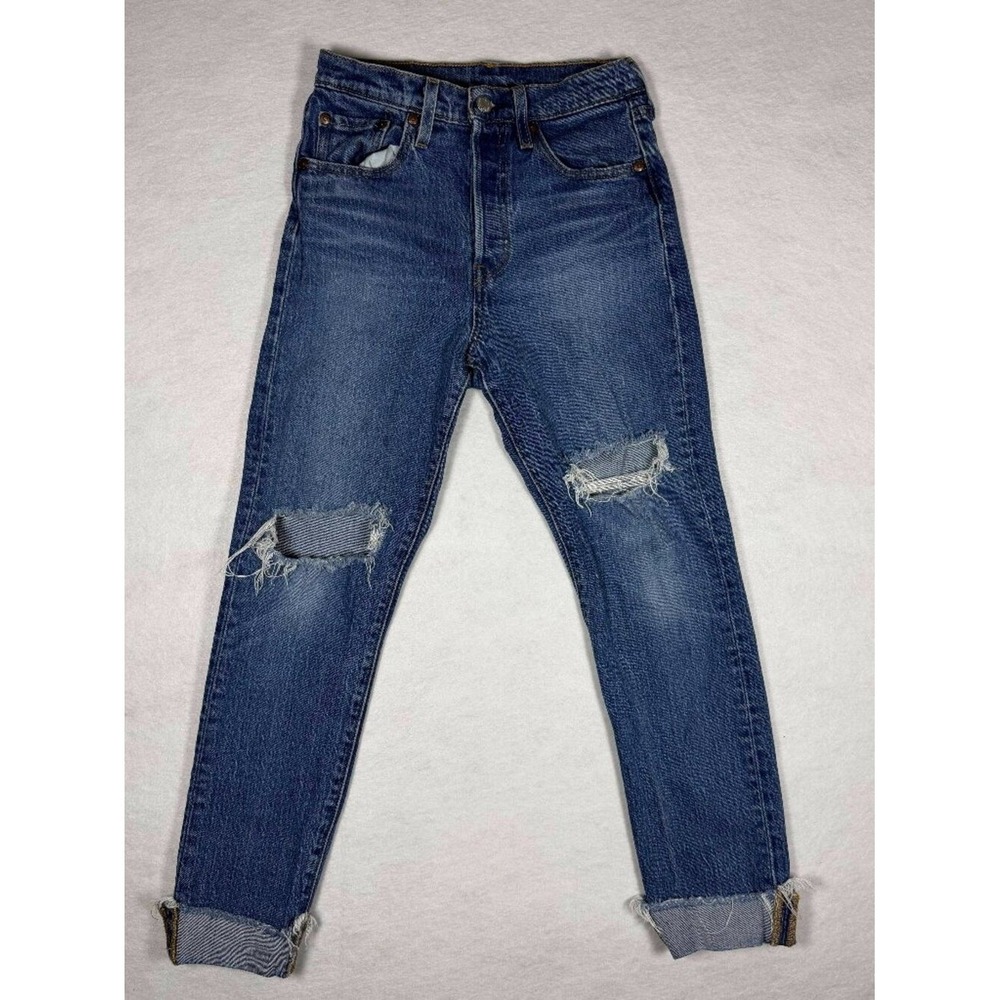 Levis 501 Skinny Jeans Womens 26 Medium Wash Distressed Button Fly High Rise